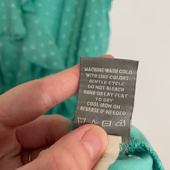 VANITY Aqua Seafoam Green Blue Swiss Dot Textured Mini Surplice Faux Wrap Dress - Picture 9 of 16